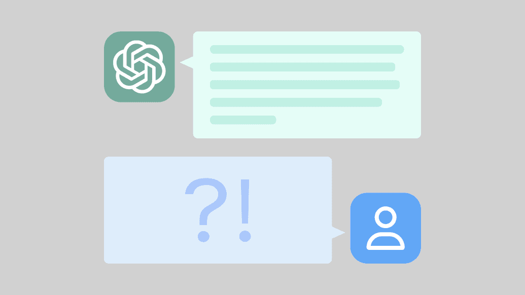 An icon representation of a conversation between ChatGPT and a user. The user's speech bubble contains a large "?!".