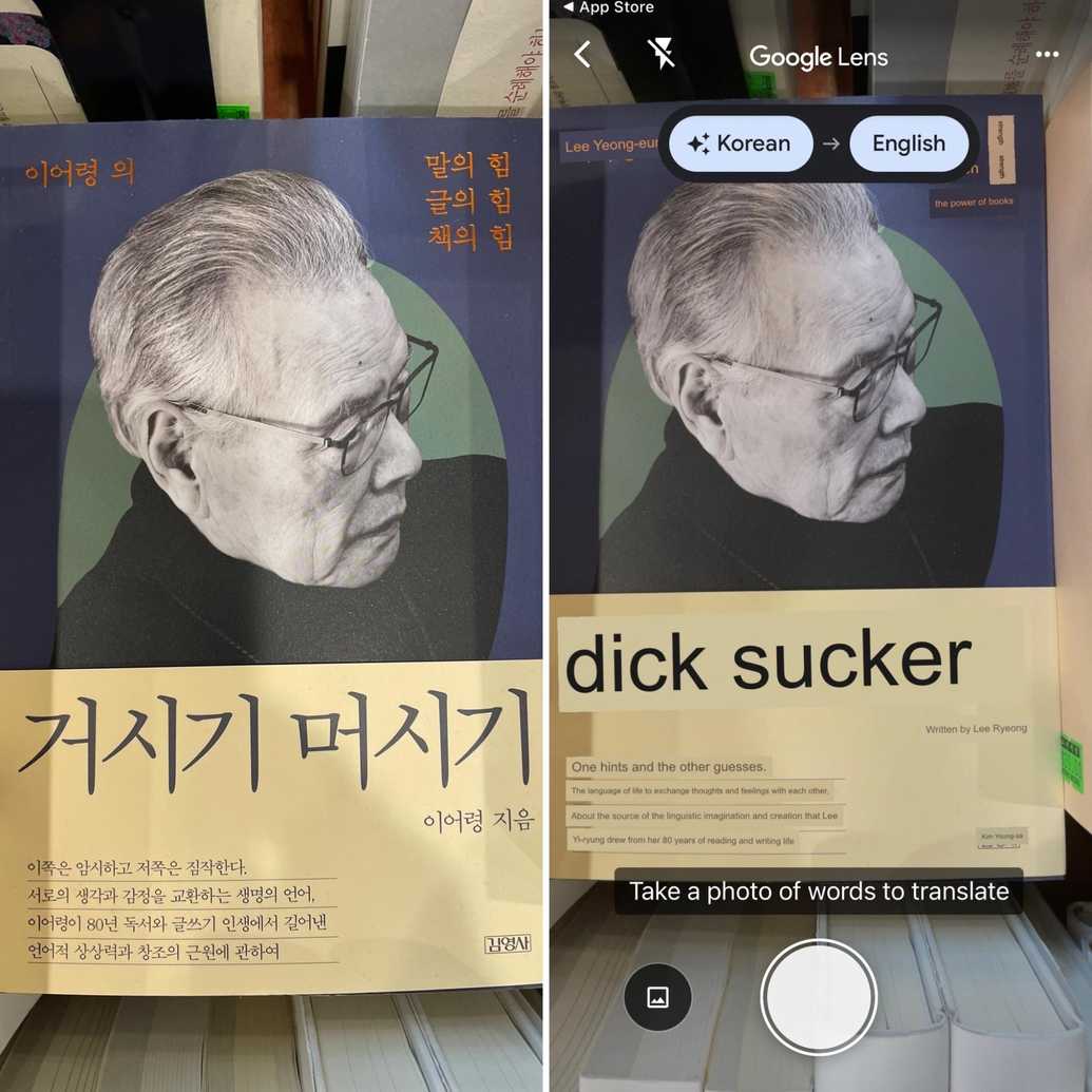 On the left is a photo of a book cover written in Korean and featuring a dignified-looking elderly gentleman. On the right is the cover viewed in Google Lens, translating the book title to "dick sucker."