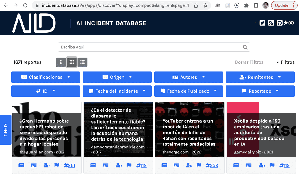 The discover application of the AI Incident Database with titles and UI elements in Spanish.